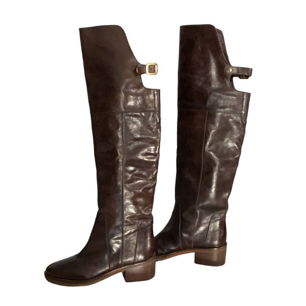 Dune London Brown Leather Over the Knee Riding Boots Open Back Buckle Sz 37 US 6 - Picture 2 of 13